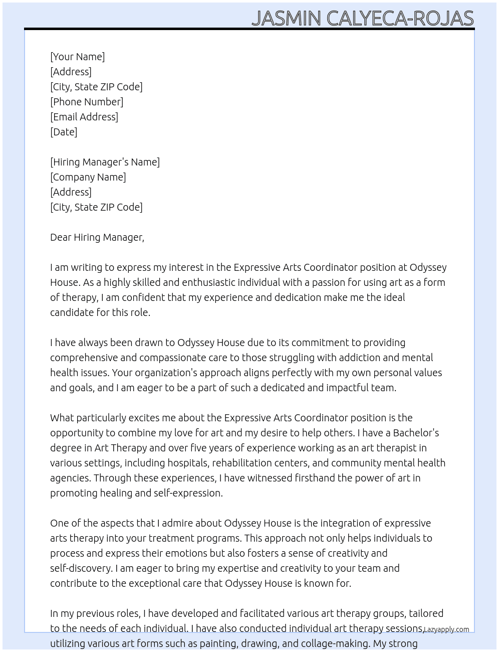 Expressive Arts Coordinator At Odyssey House  Cover Letter