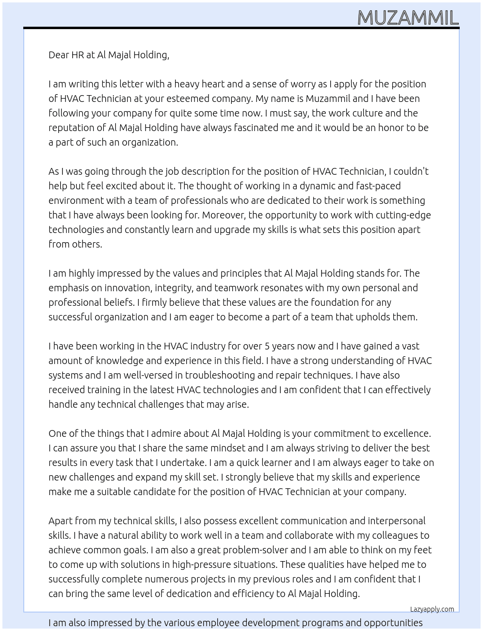 HVAC Technician  At Al Majal Holding .com Cover Letter