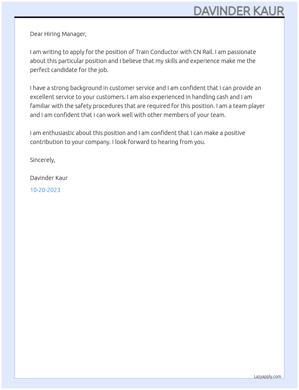 Train Conductor At CN Rail Cover Letter