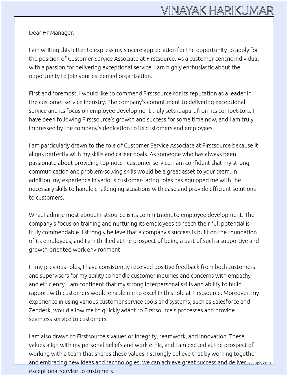 Customer service associate At firstsource Cover Letter