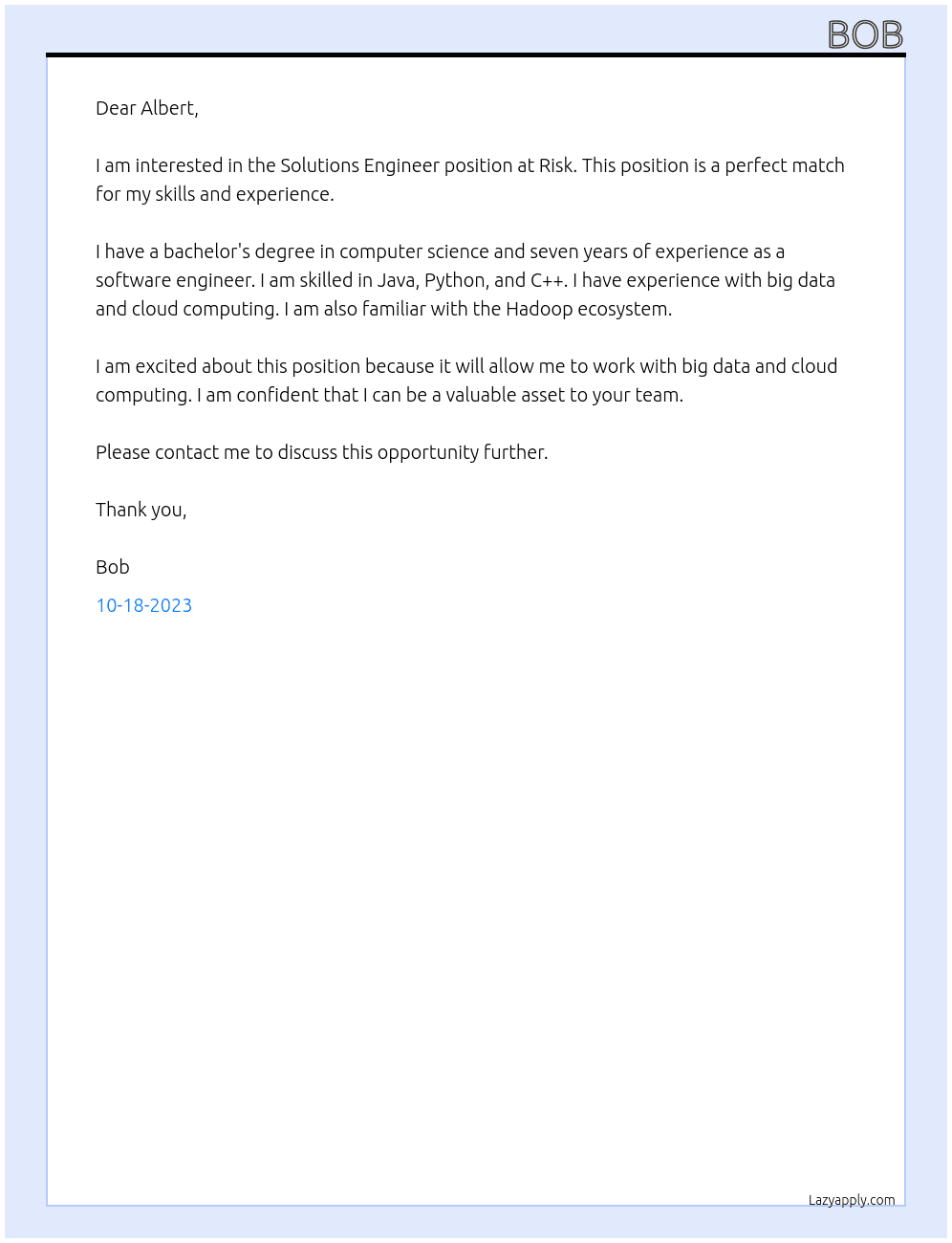 Solutions Engineer At Risk Cover Letter
