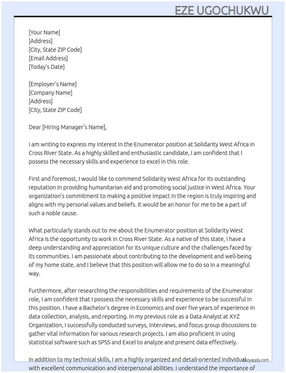 Enumerator  At Solidarity West Africa  Cover Letter