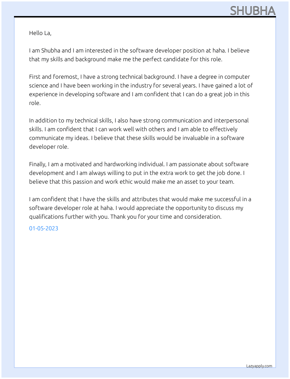 software developer  At haha Cover Letter