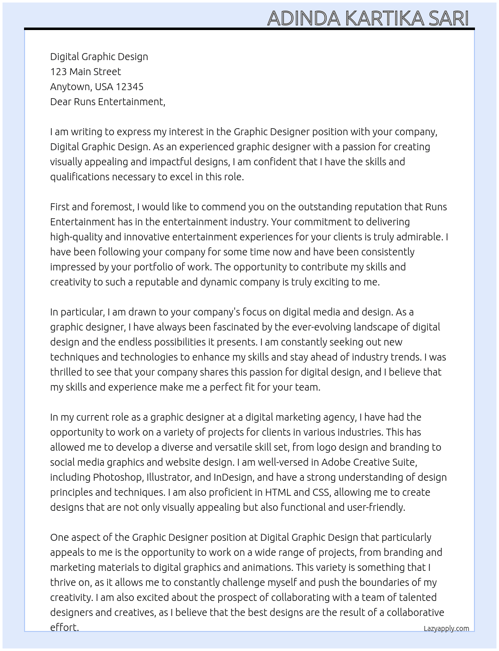 Graphic designer  At digital graphic design  Cover Letter