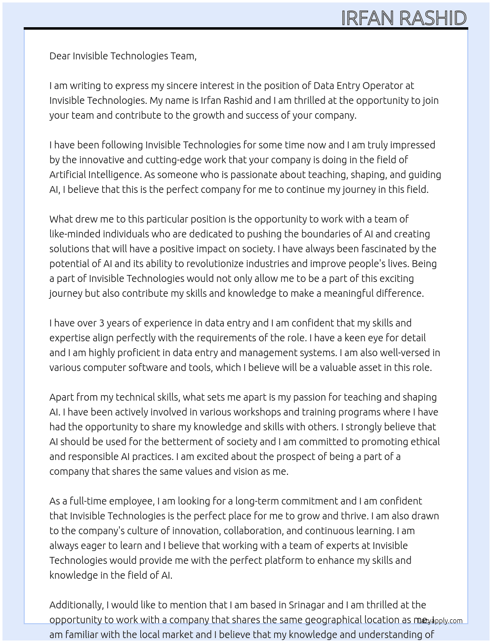Data entry operator  At Invisible technologies  Cover Letter