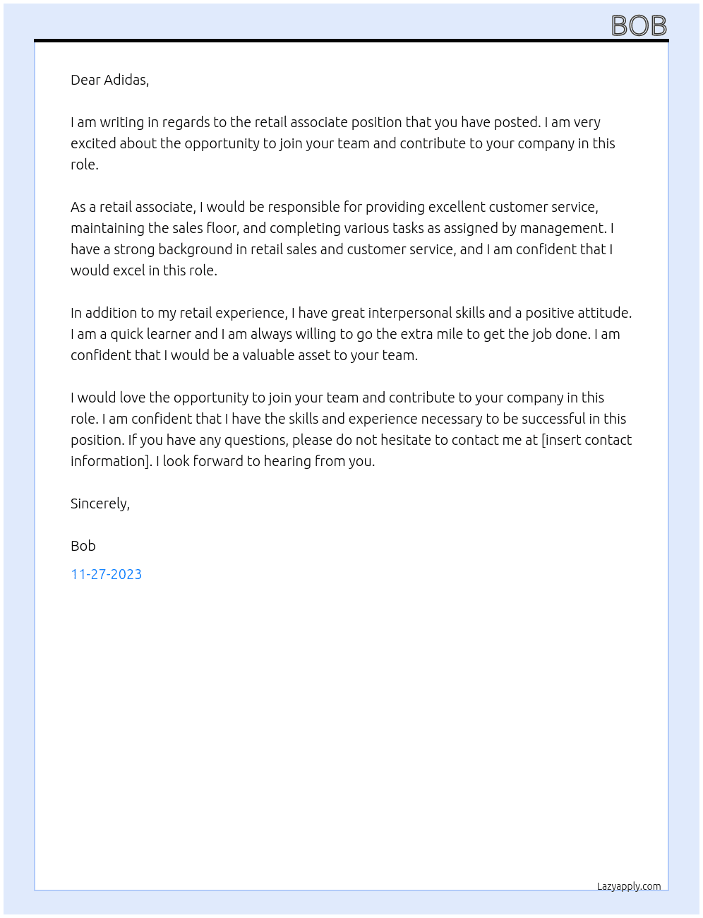 Retail associate At Adidas Cover Letter