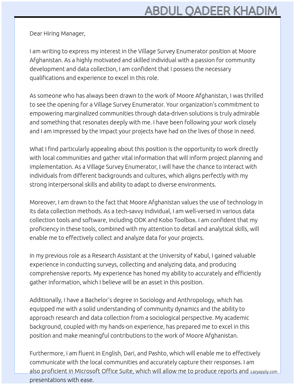 Village survey enumerator  At Moore Afghanistan  Cover Letter