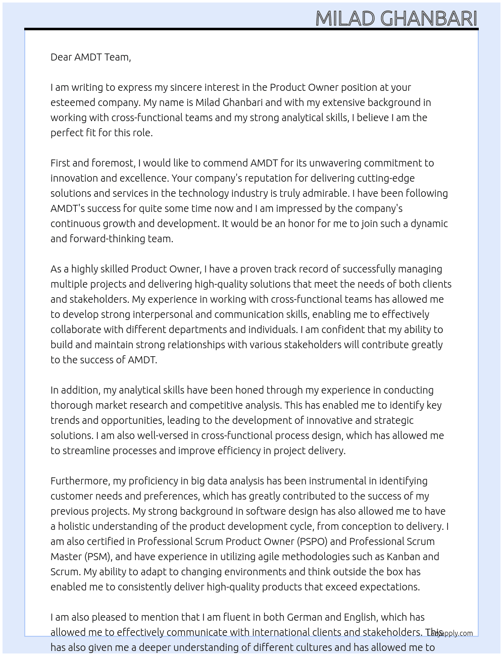 Product Owner At AMDT Cover Letter