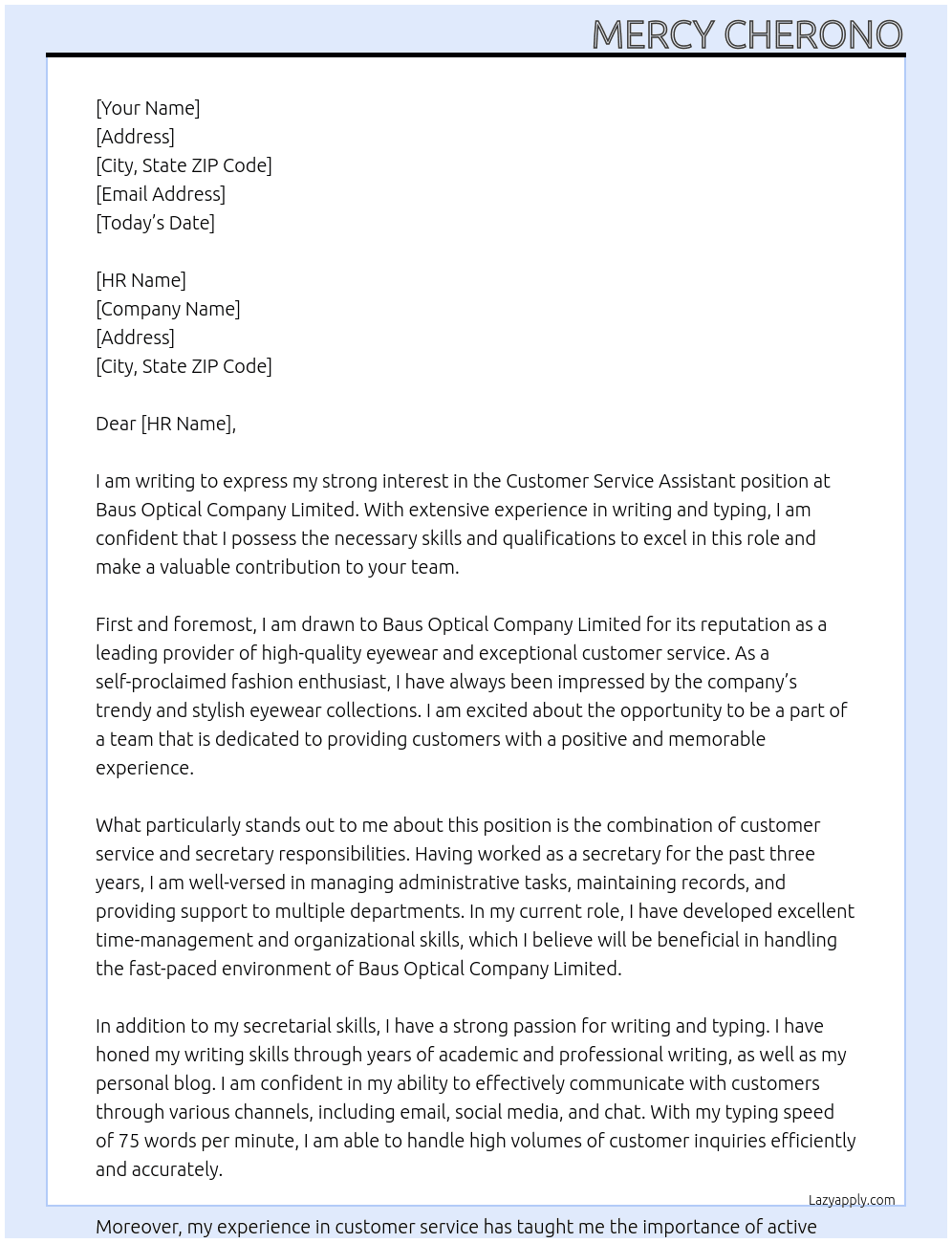 Customer Service Assistant At Baus Optical Company Limited Cover Letter