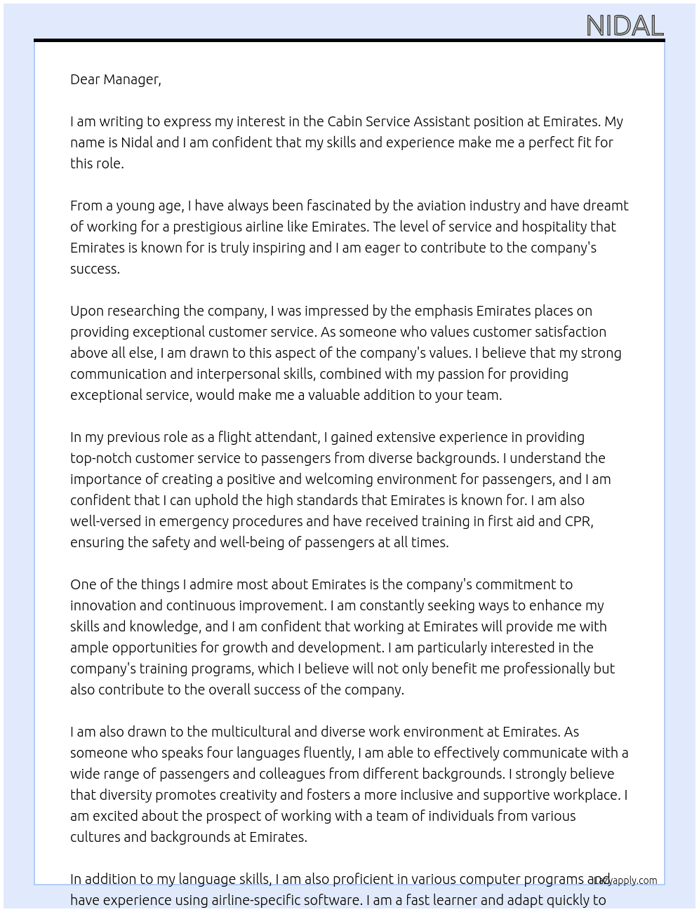 Cabin service assistant At Emirates Cover Letter