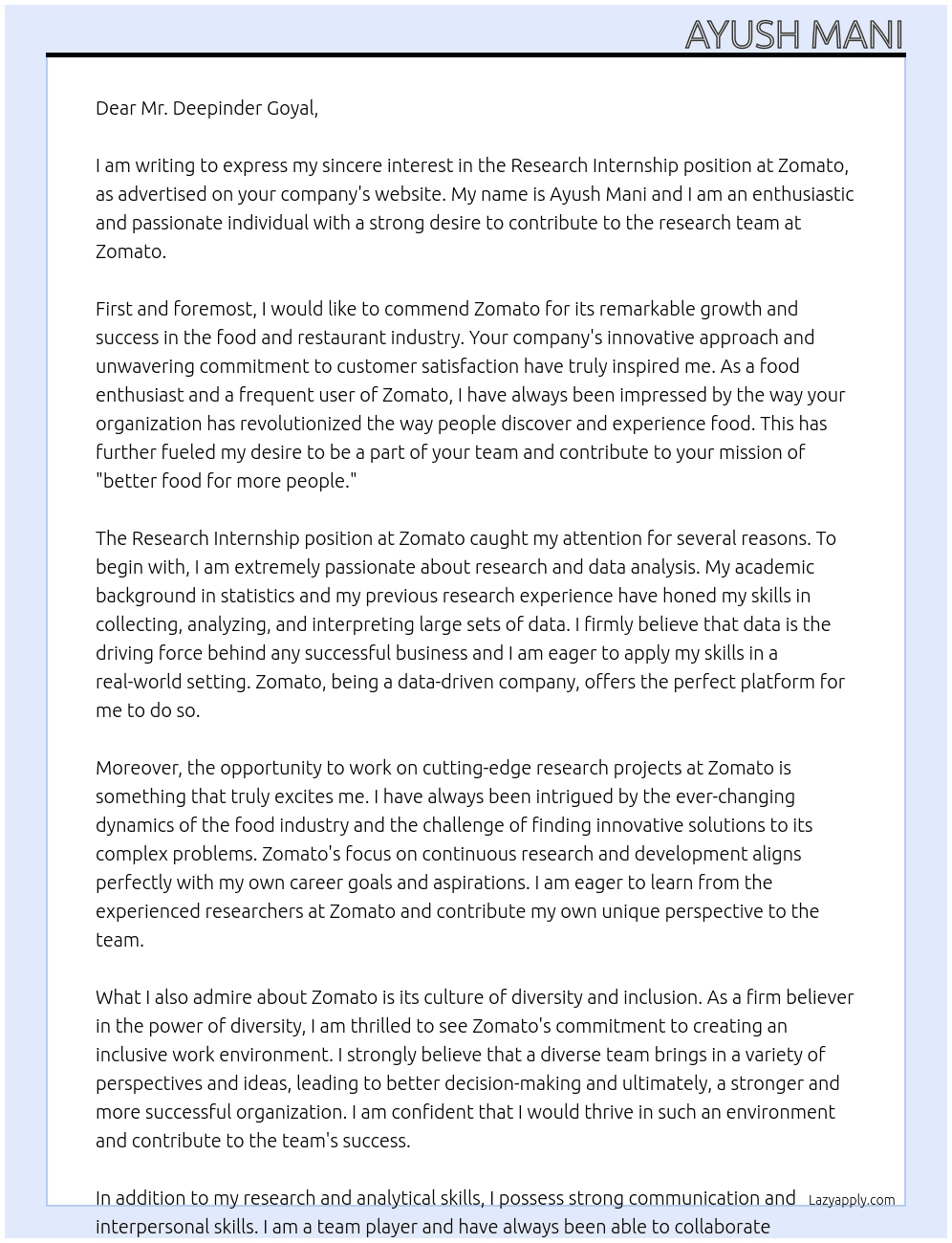 Research Internship At Zomato Cover Letter