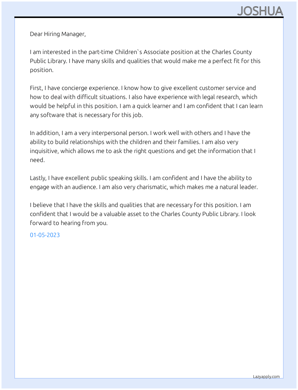 Children`s Associate At Charles County Public Library Cover Letter