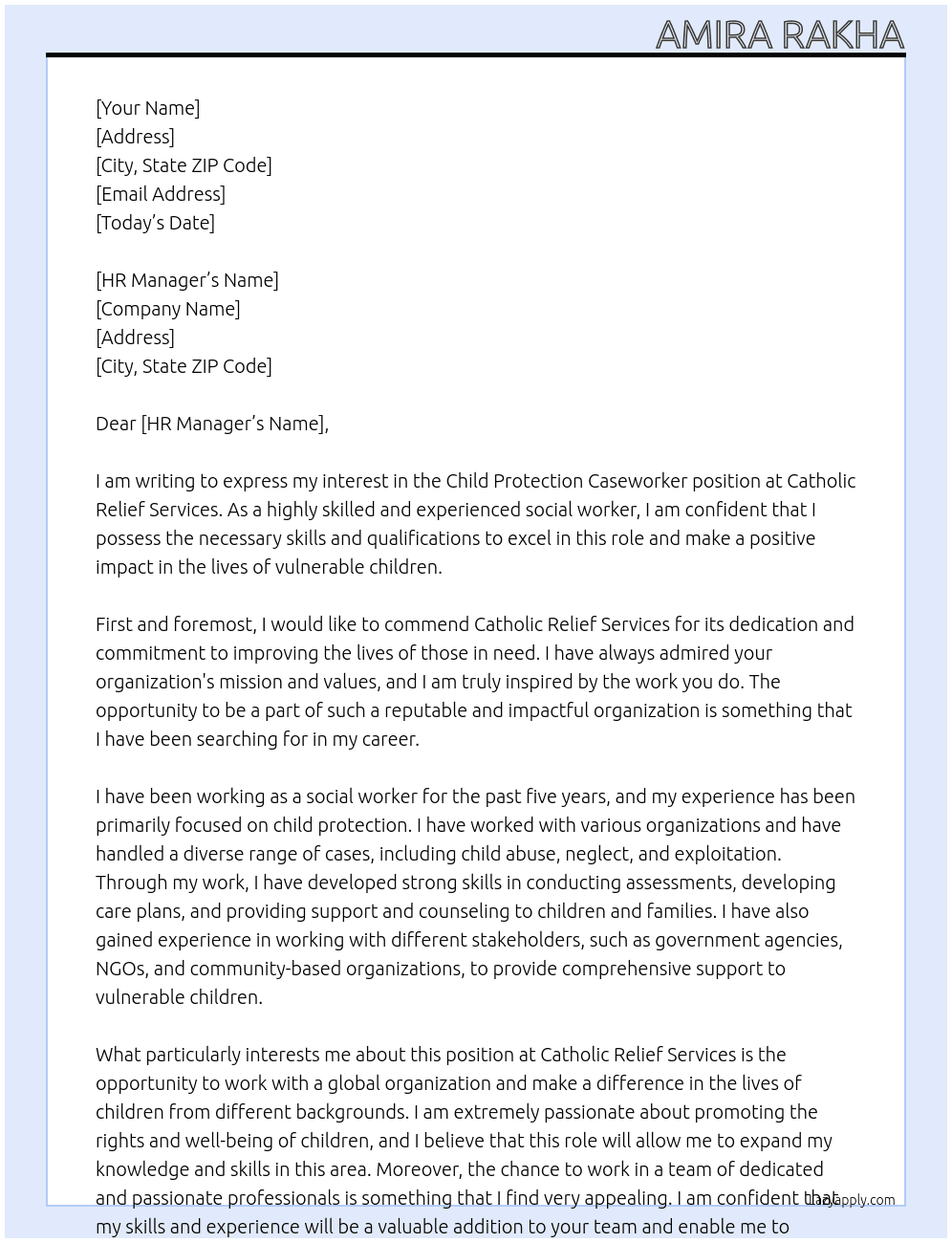 child protection Caseworker  At Catholic Relief Services  Cover Letter