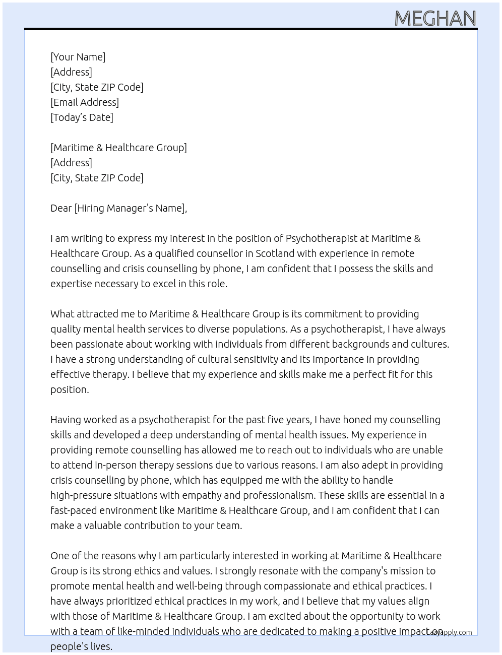 psychotherapist At Maritime & Healthcare Group  Cover Letter