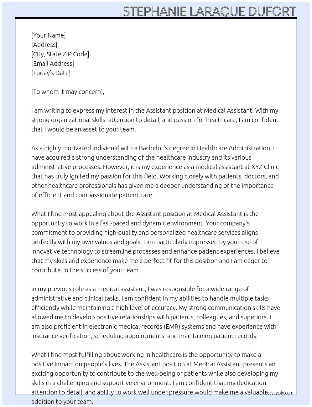 Assistant At Medical assistant Cover Letter
