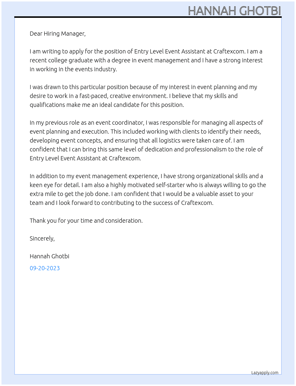 Entry Level Event Assistant At Craftexcom Cover Letter