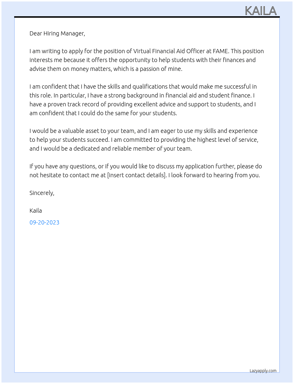 Virtual Financil AId Officer At FAME Cover Letter