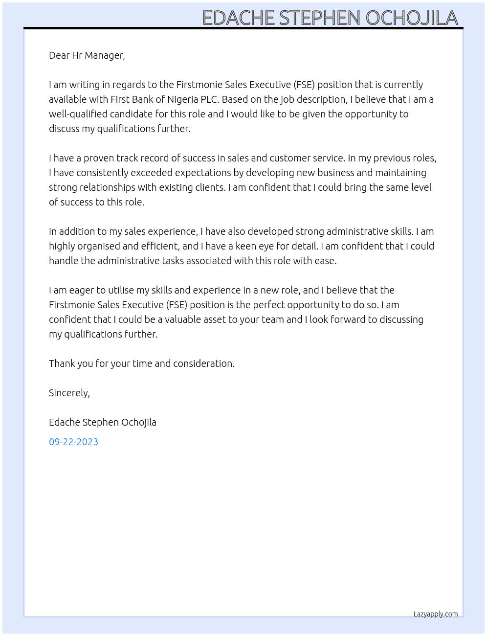 Firstmonie Sales Executive(FSE) At First Bank of Nigeria PLC  Cover Letter