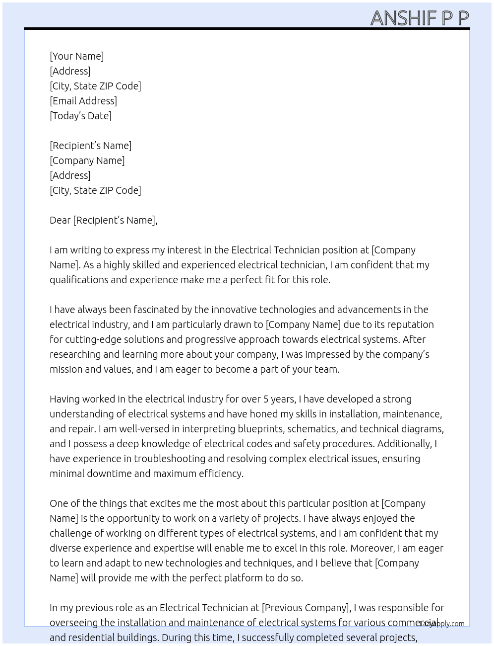 Electrical technician At Xxxx Cover Letter