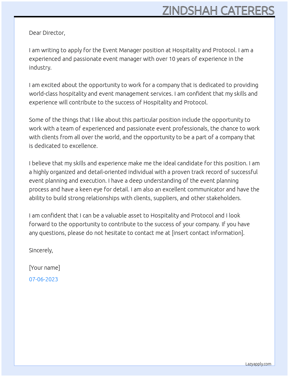 Event Managment Company At Hospitality and Protocol Cover Letter