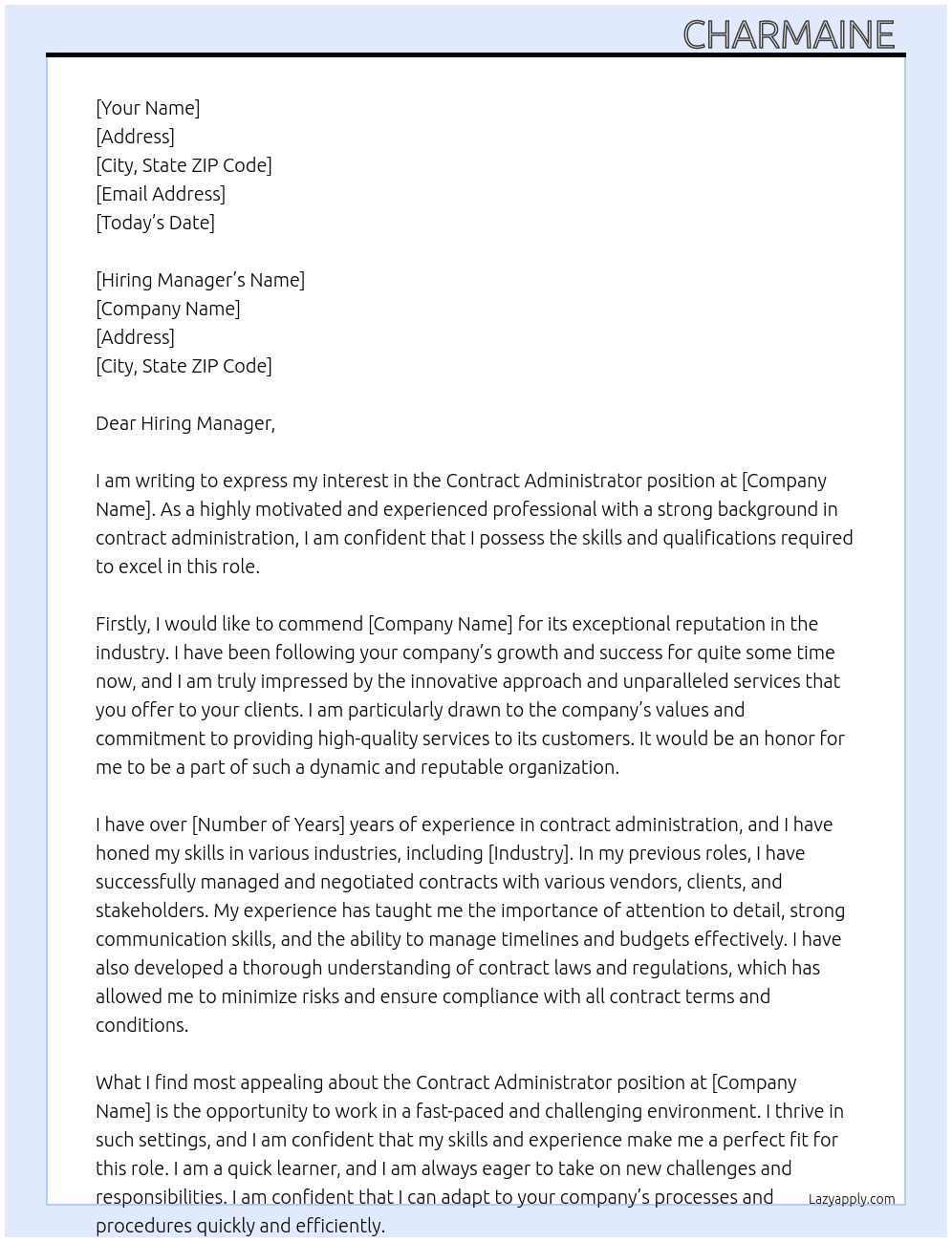 Contract Administrator At S Cover Letter