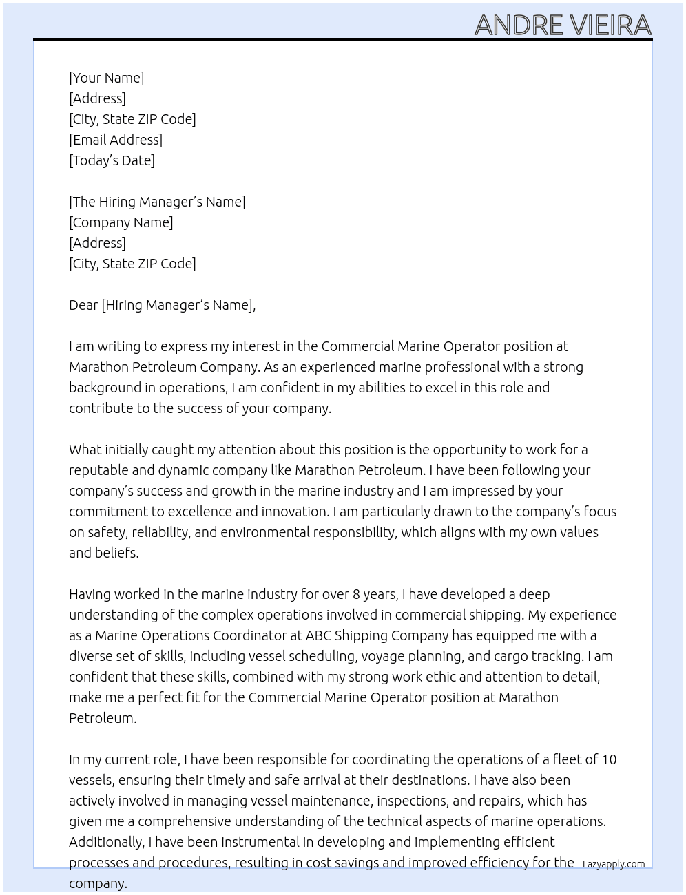 Commercial Marine Operator At Marathon Petroleum Company Cover Letter