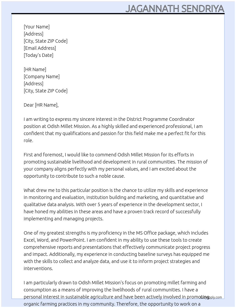 District Programme Coordinator At Odish Millet Miision Cover Letter