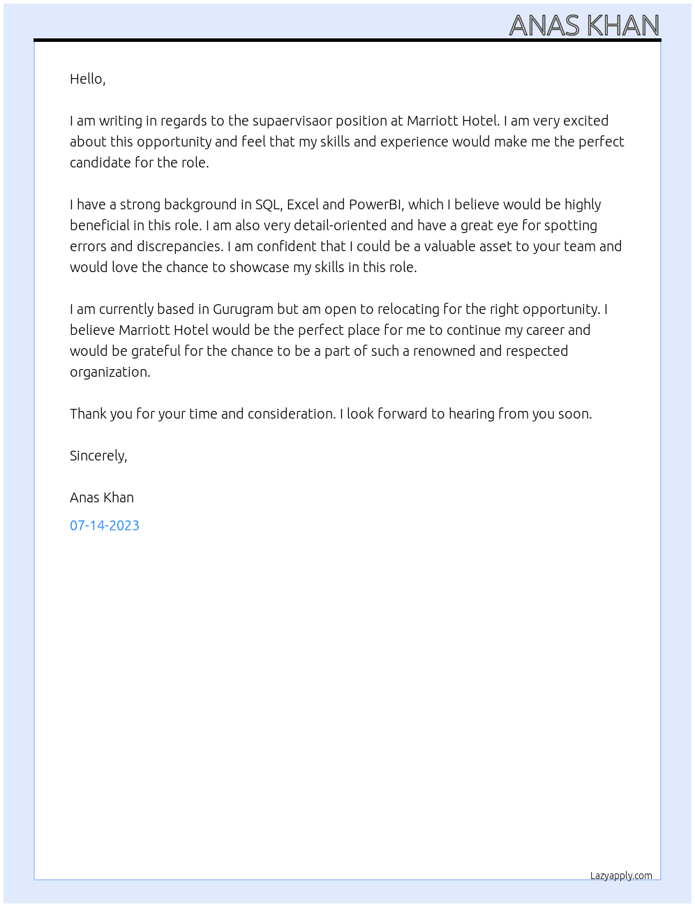 supaervisaor At marriot hotel Cover Letter