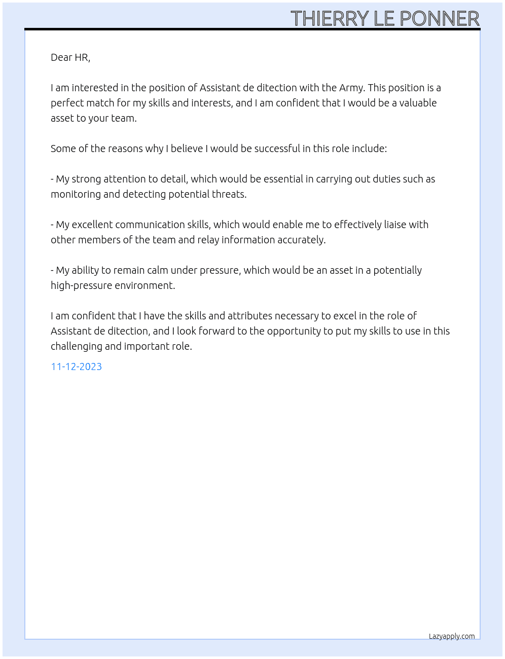 Assistant de ditection At Army Cover Letter