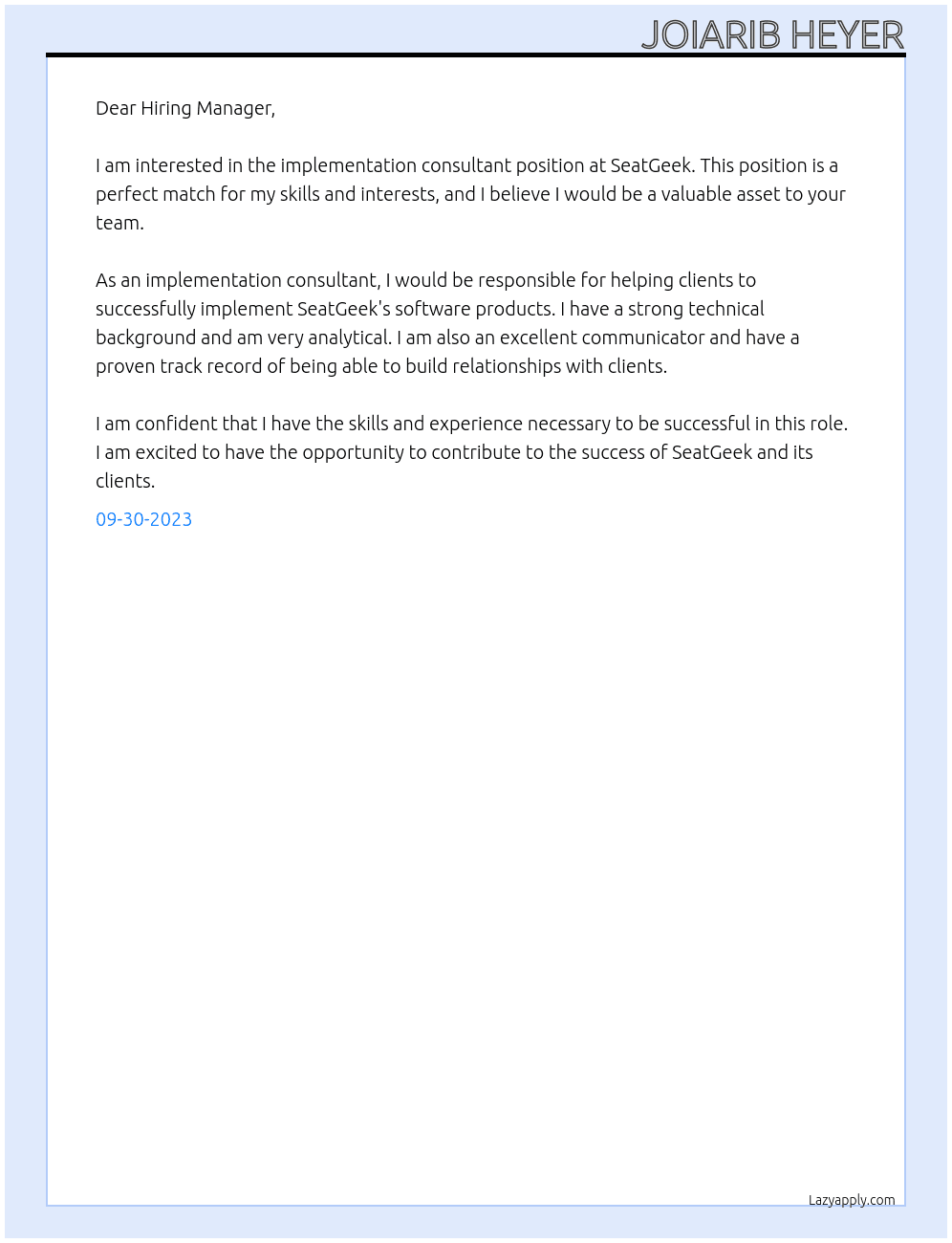 implementation consultant At SeatGeek Cover Letter