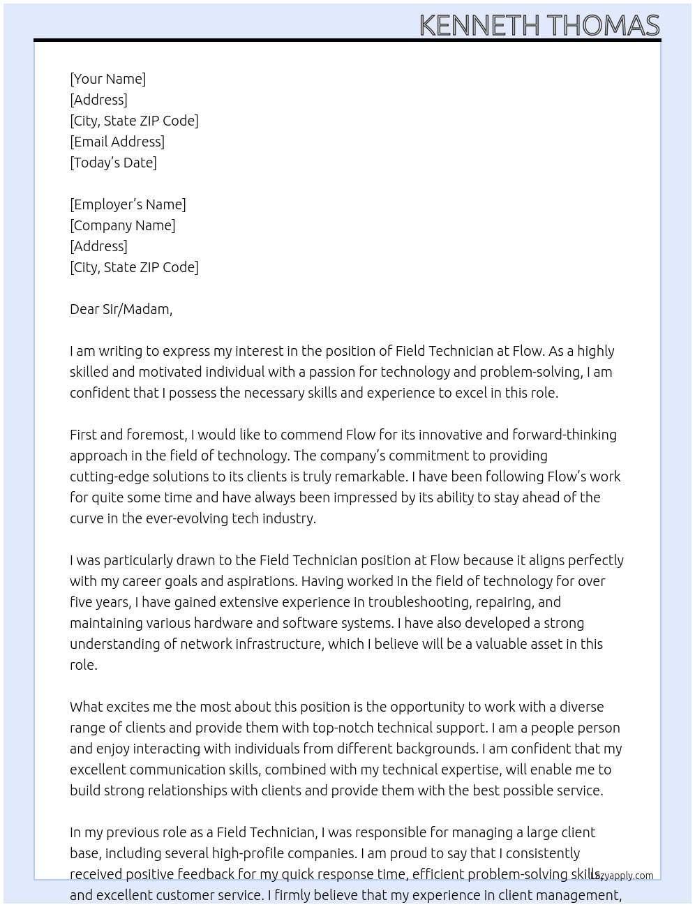 Field Technician At Flow Cover Letter