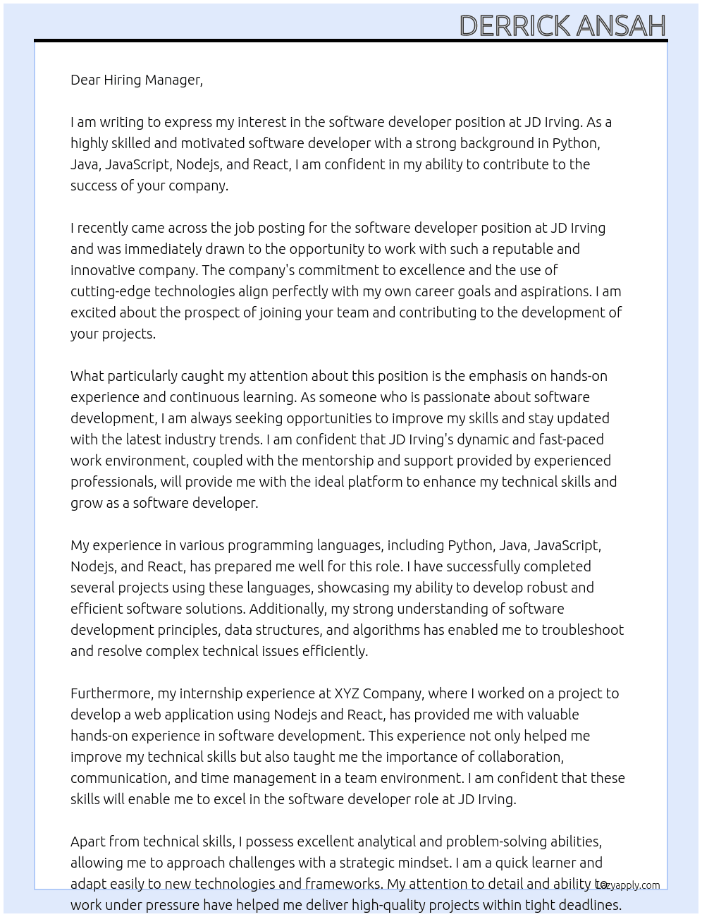 software developer At JD Irving Cover Letter