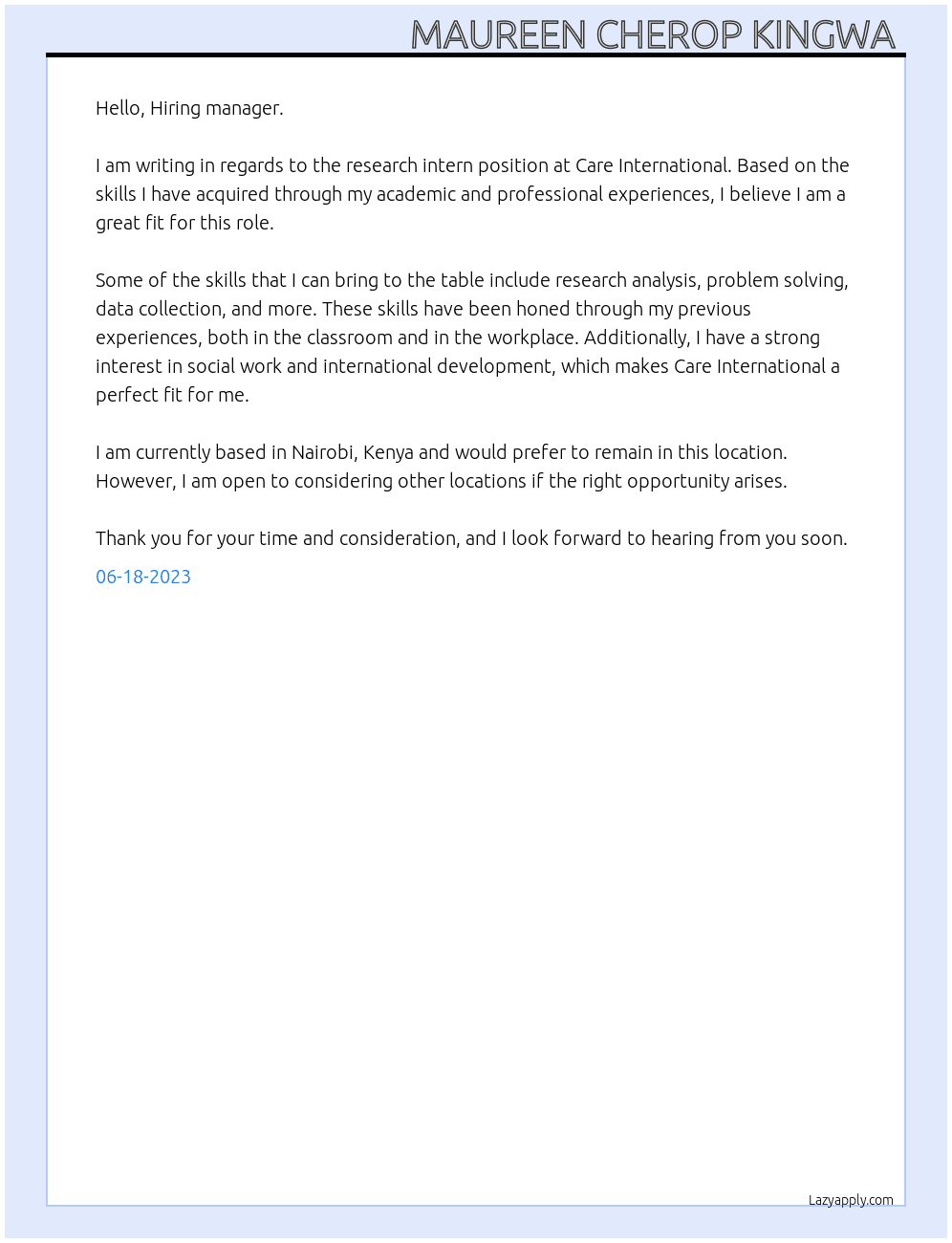 Research intern At Care International  Cover Letter