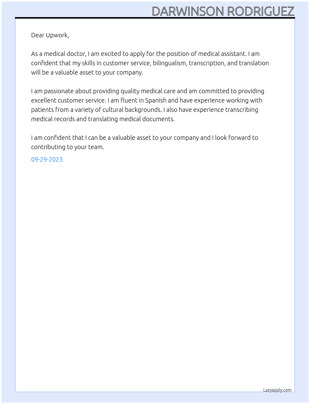 Medical Doctor  At Upwork Cover Letter
