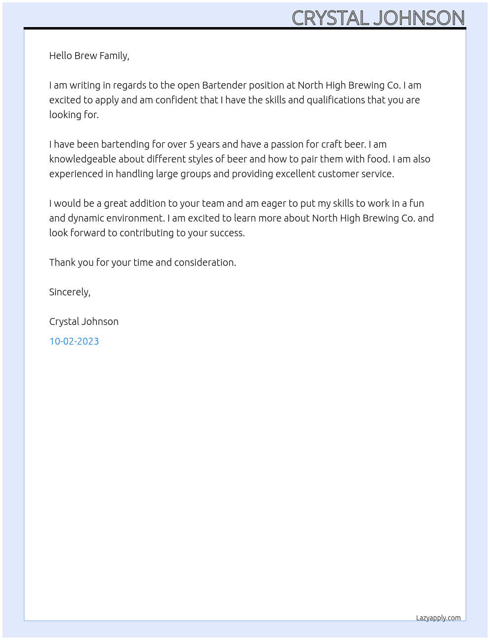 BARTENDER At NORTH HIGH BREWING CO Cover Letter