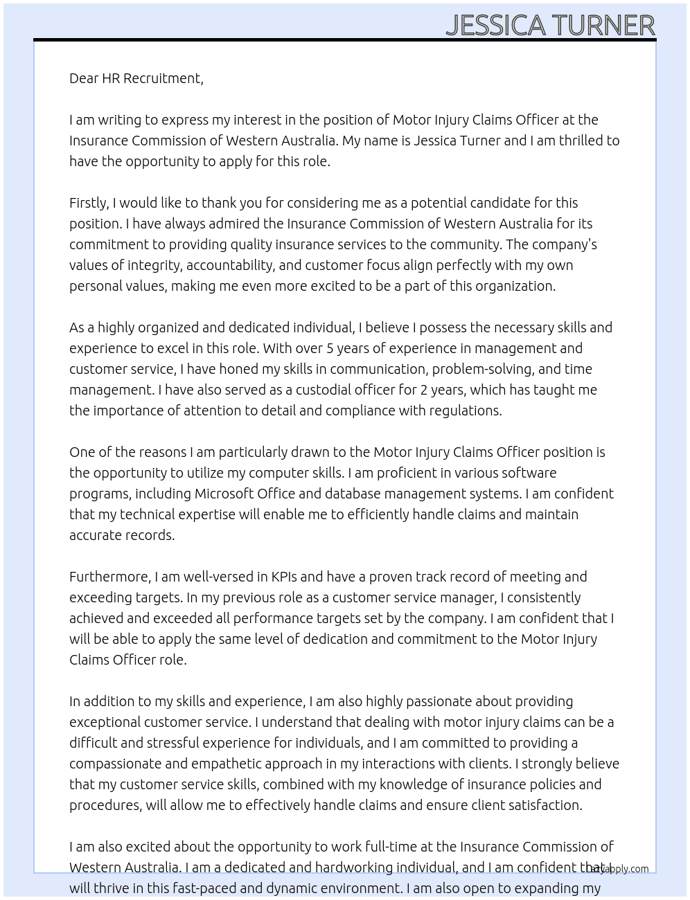 Cover letter for motor injury claims officer - LazyApply