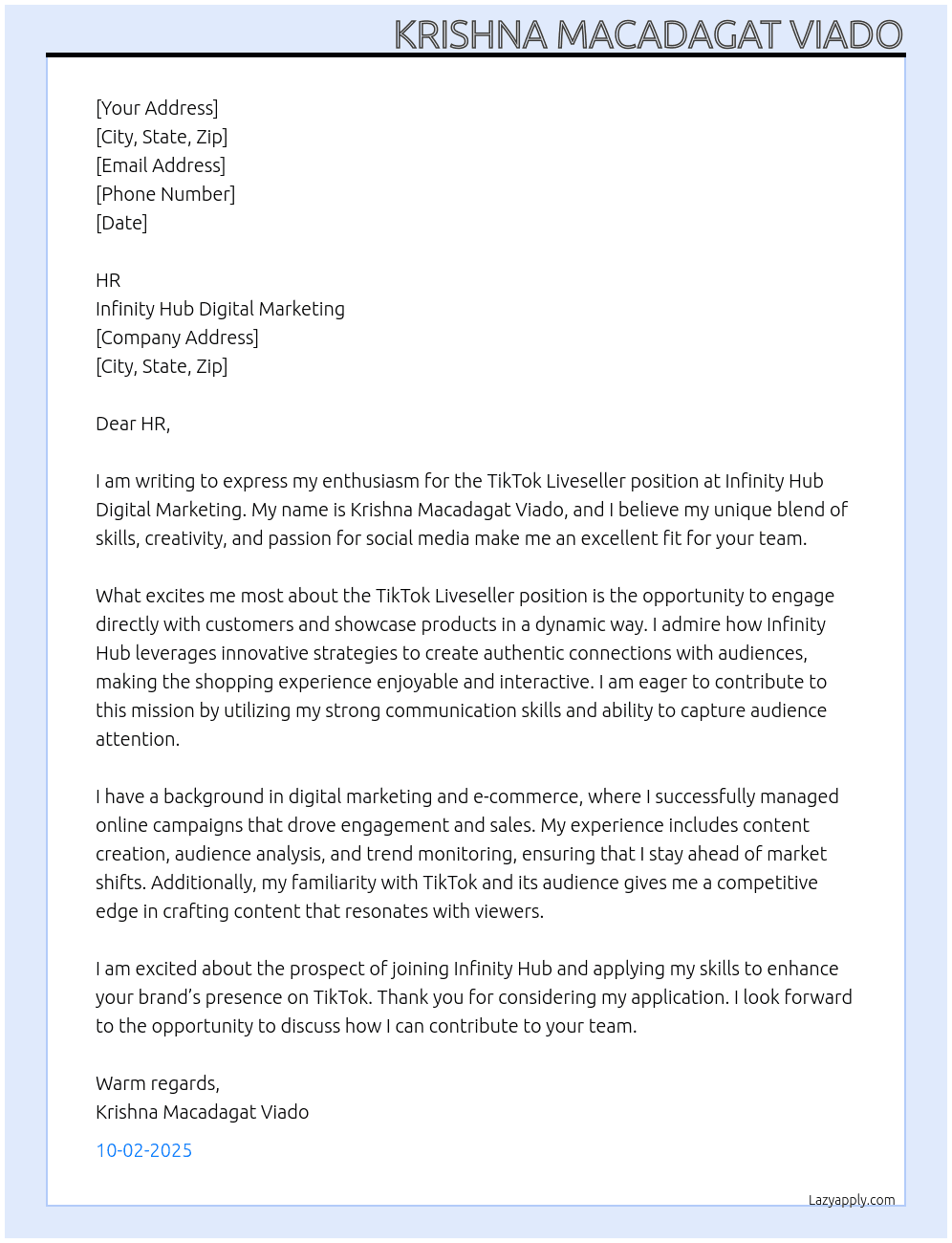 Tiktok Liveseller At Infinity Hub Digital Marketing  Cover Letter