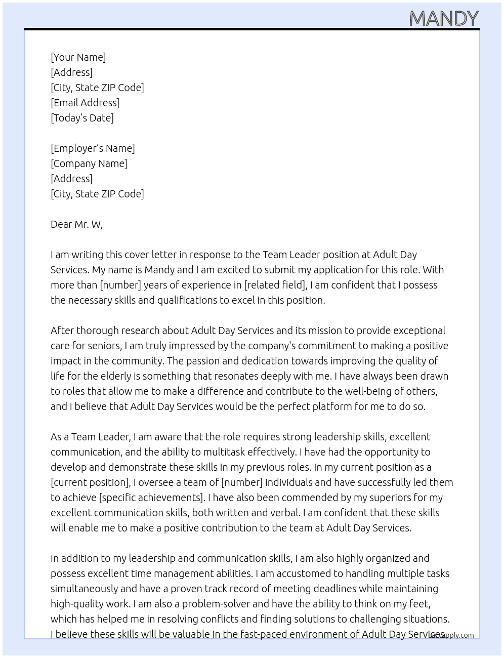 Team Leader At Adult Day Services Cover Letter