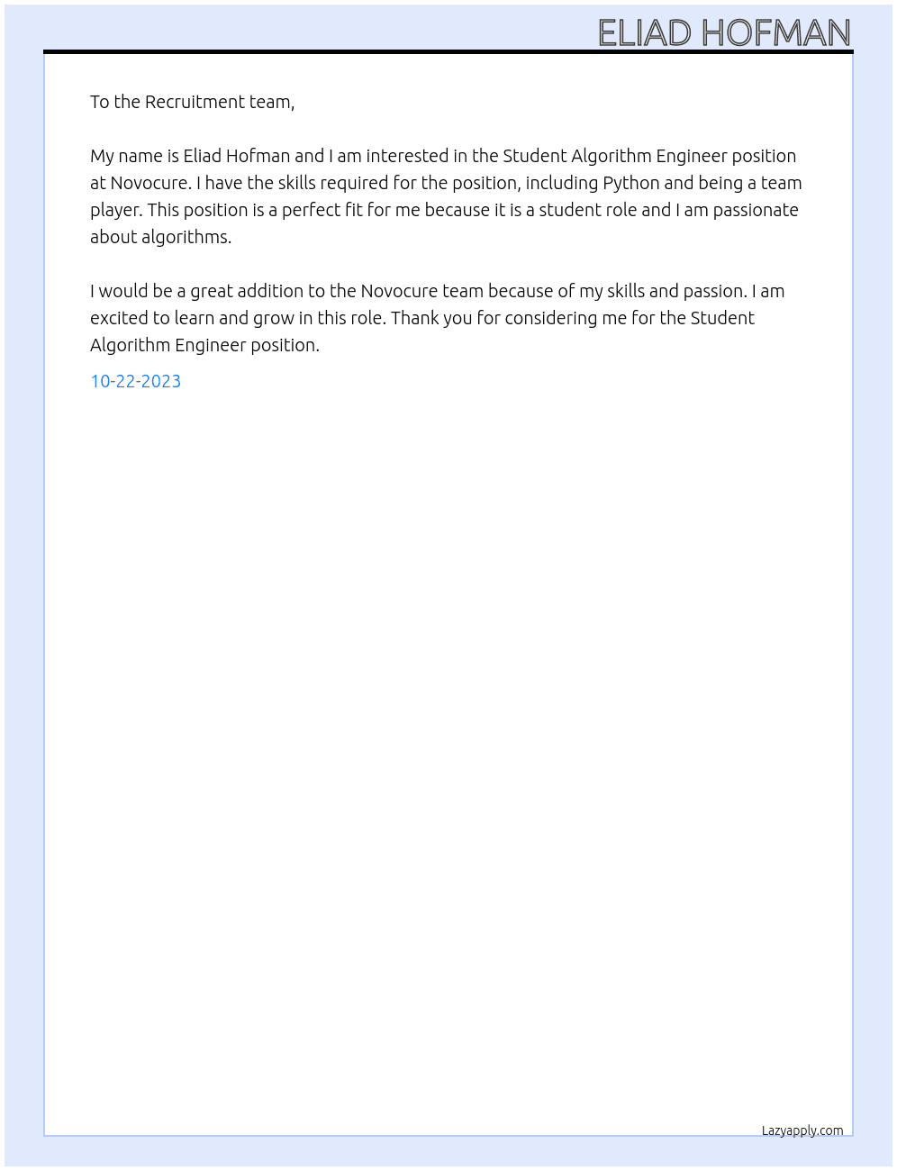 Student Algorithm Engineer At Novocure Cover Letter