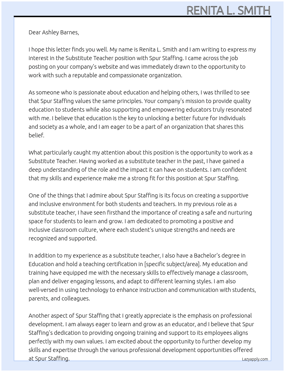 Substitute Teacher At Spur Staffing Cover Letter