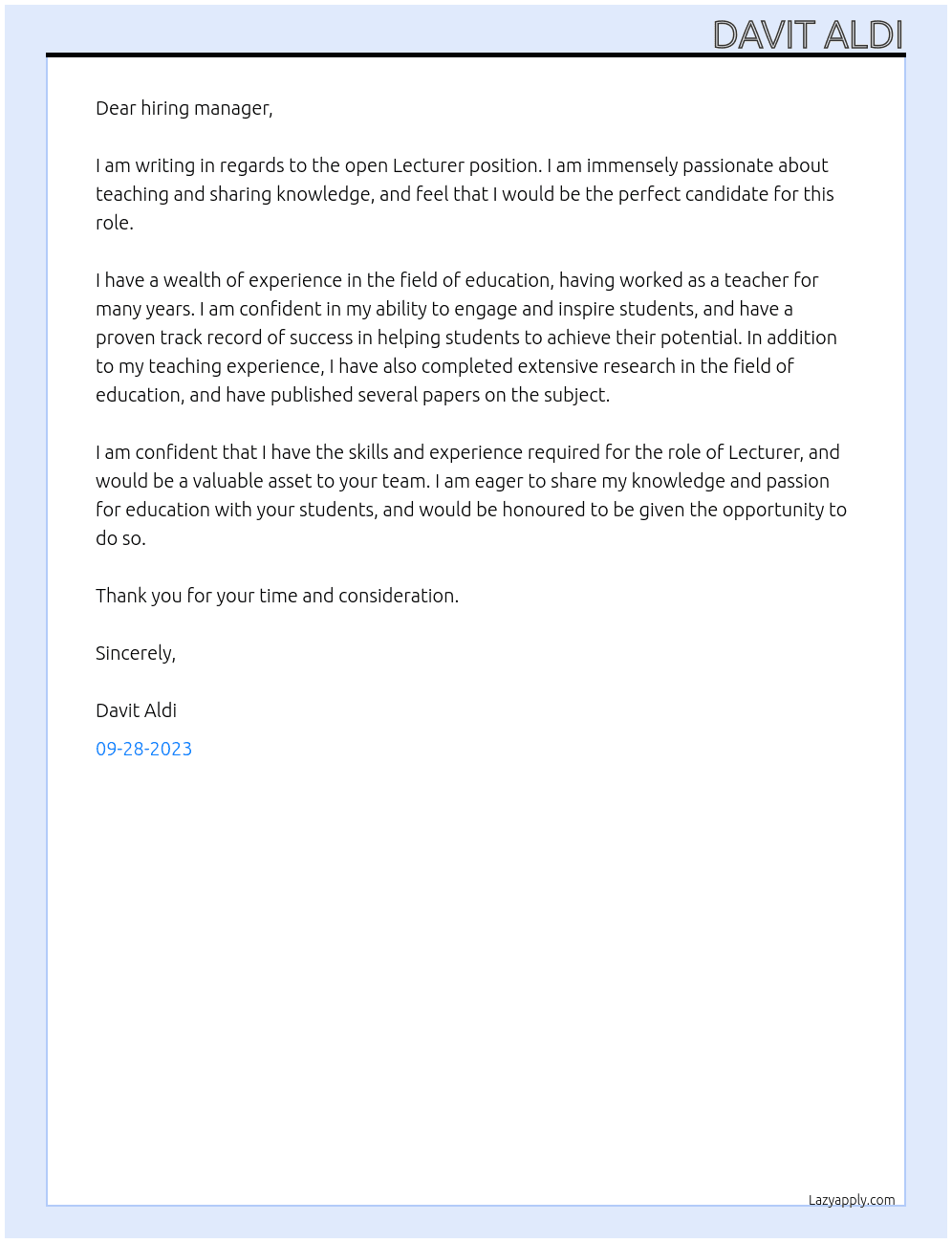 Lecturer At none Cover Letter