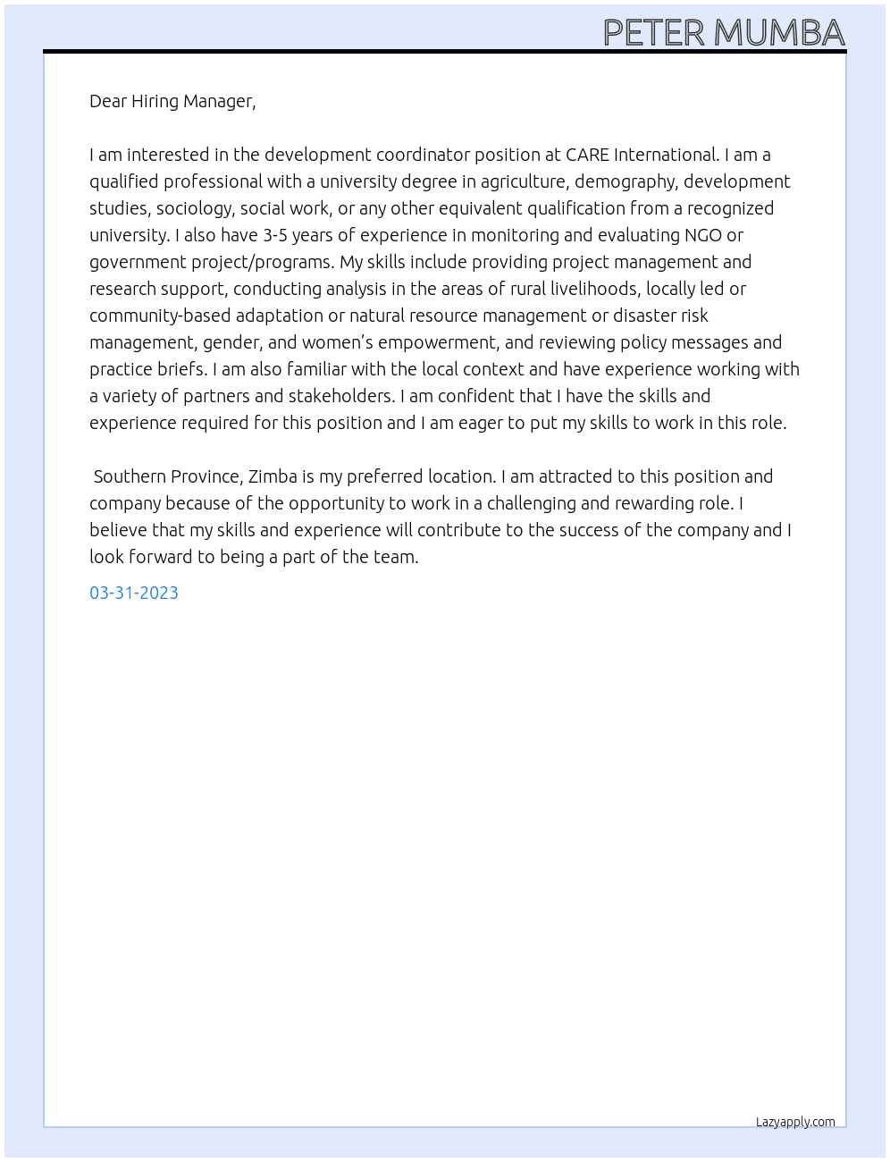 development coordinator At CARE International Cover Letter