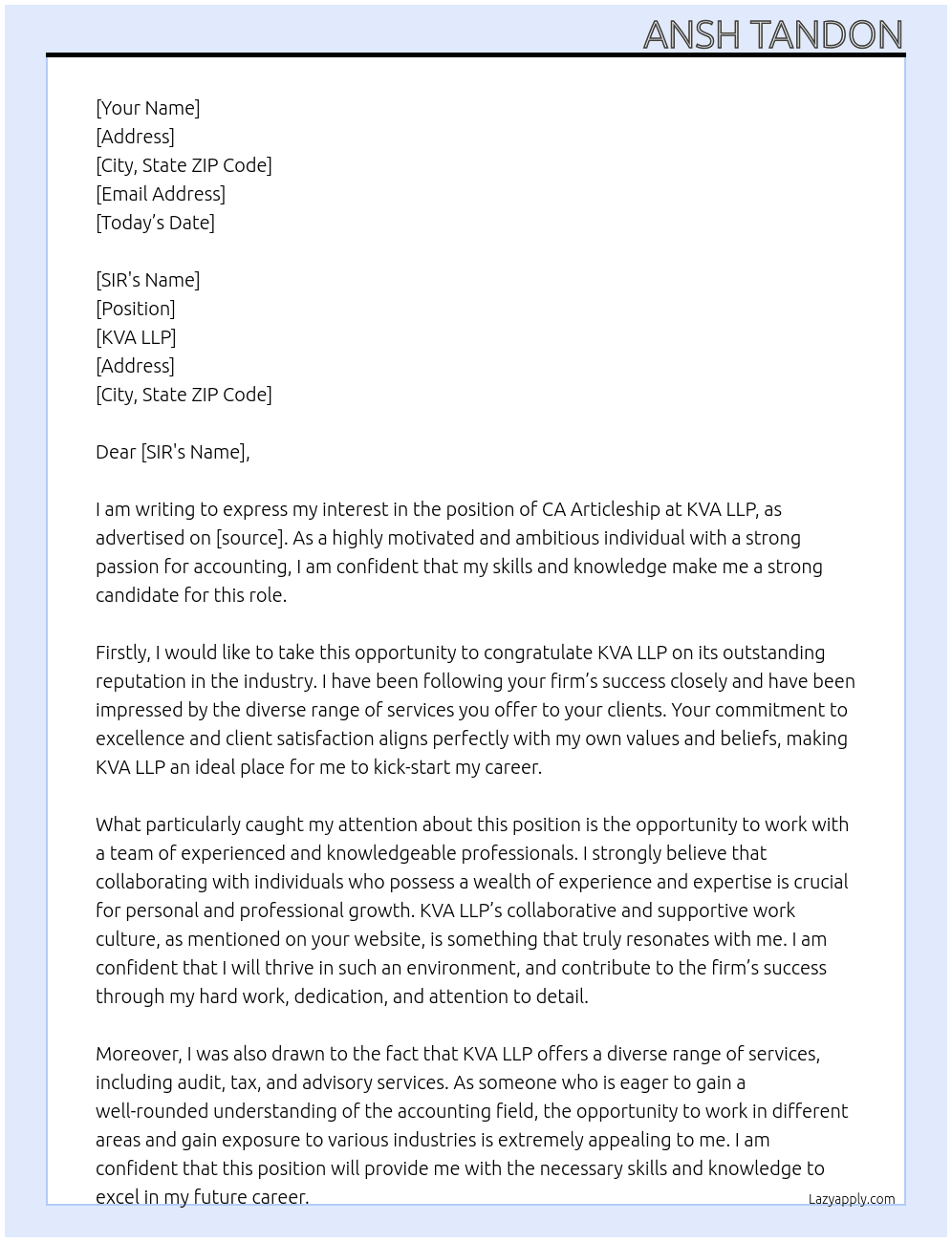 ca articleship At KVA LLP Cover Letter