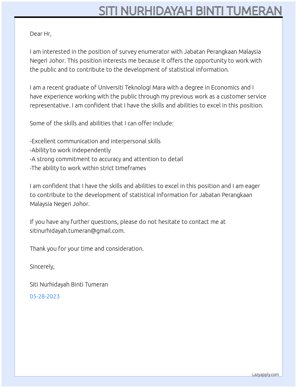 Survey enumerator At Jabatan Perangkaan Malaysia Negeri Johor Cover Letter