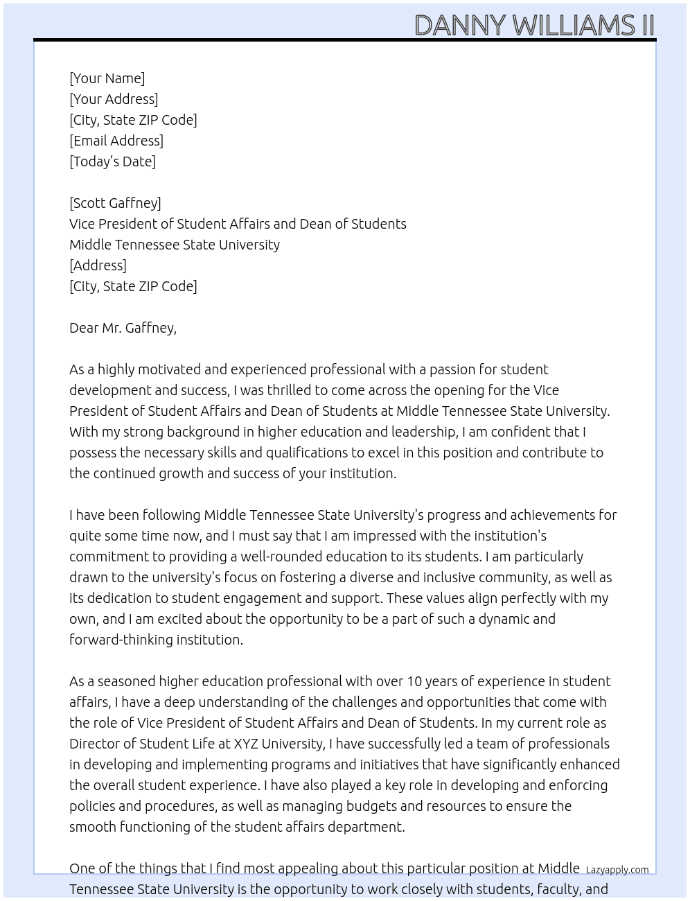 Vice President of Student Affairs and Dean of Students At Middle Tennessee State University Cover Letter
