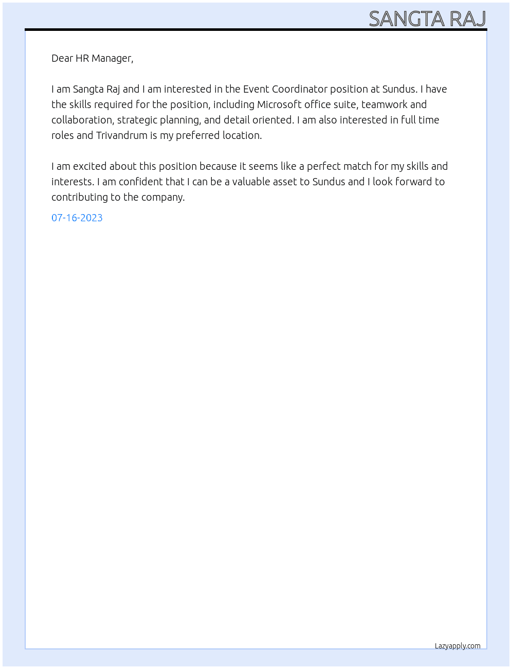 Event Coordinator At Sundus Cover Letter