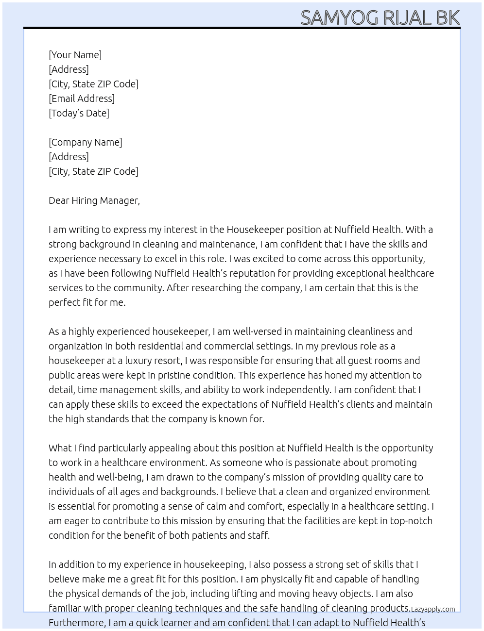 Housekeeper At Nuffield Health Cover Letter