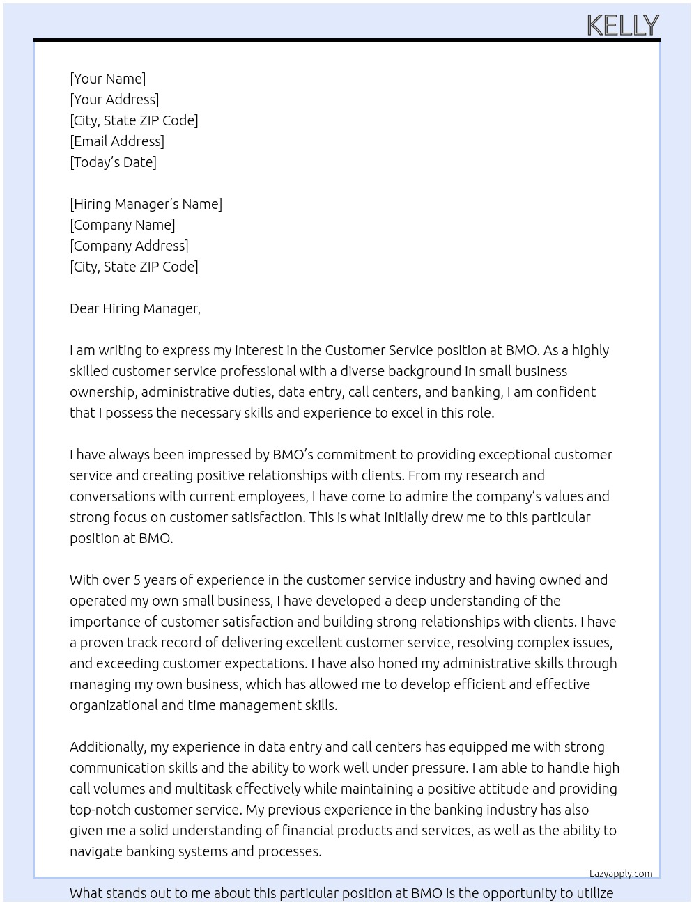 Customer Service At BMO Cover Letter