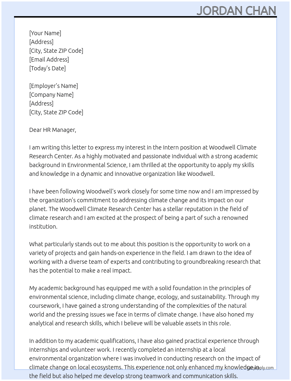 Intern At Woodwell Climate Research Center  Cover Letter
