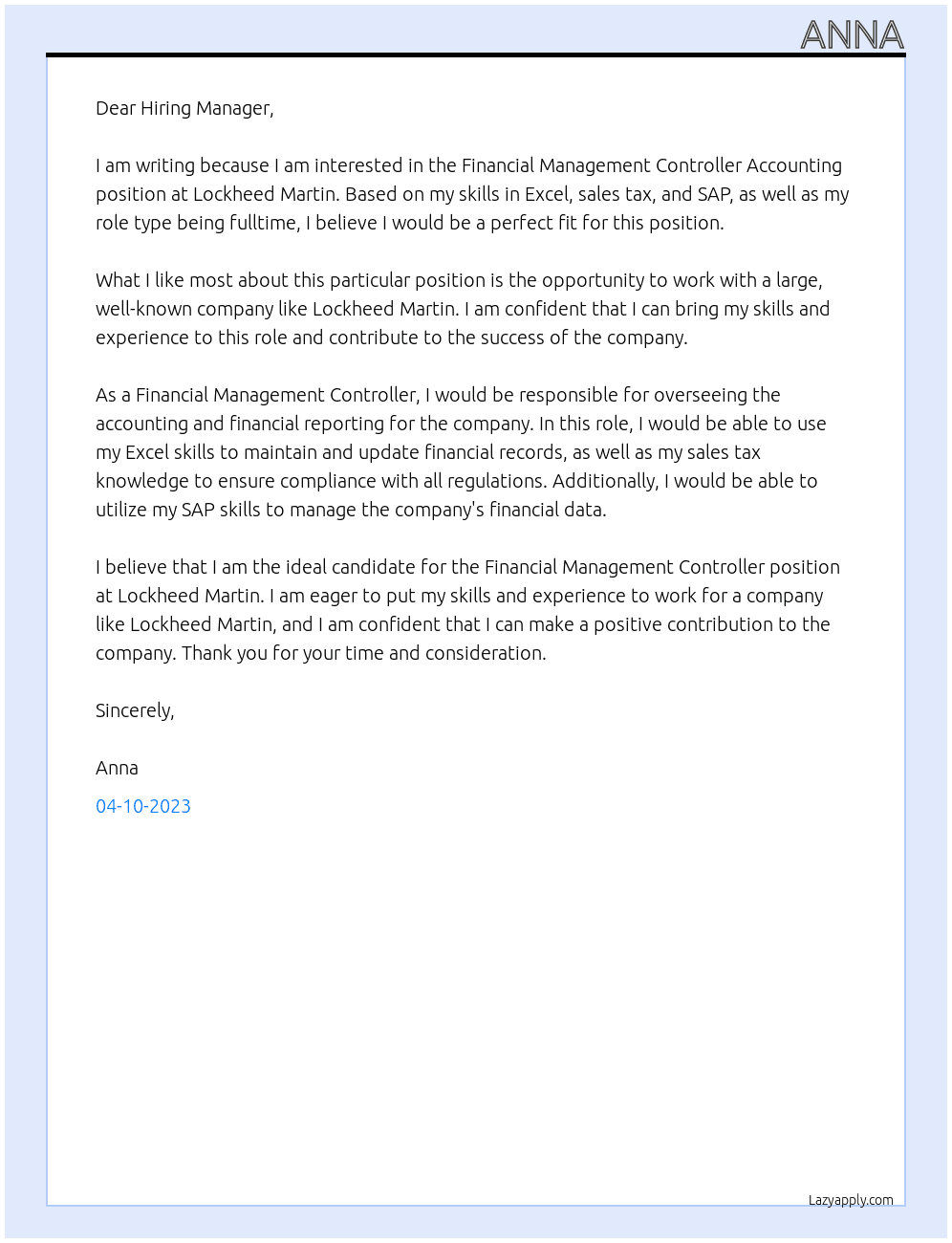 Financial Management Controller Accounting At Lockheed Martin Cover Letter